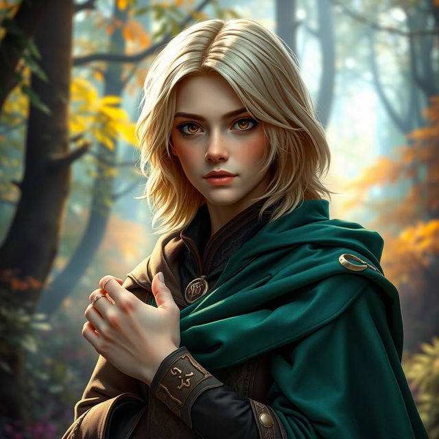 A 25-year-old human mage with medium-length blonde hair and captivating brown eyes, dressed in an elaborate robe complemented by a flowing green cape