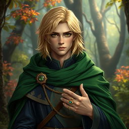 A 25-year-old human mage with medium-length blonde hair and captivating brown eyes, dressed in an elaborate robe complemented by a flowing green cape