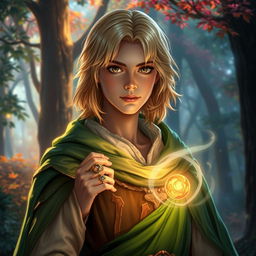 A 25-year-old human mage with medium-length blonde hair and captivating brown eyes, dressed in an elaborate robe complemented by a flowing green cape