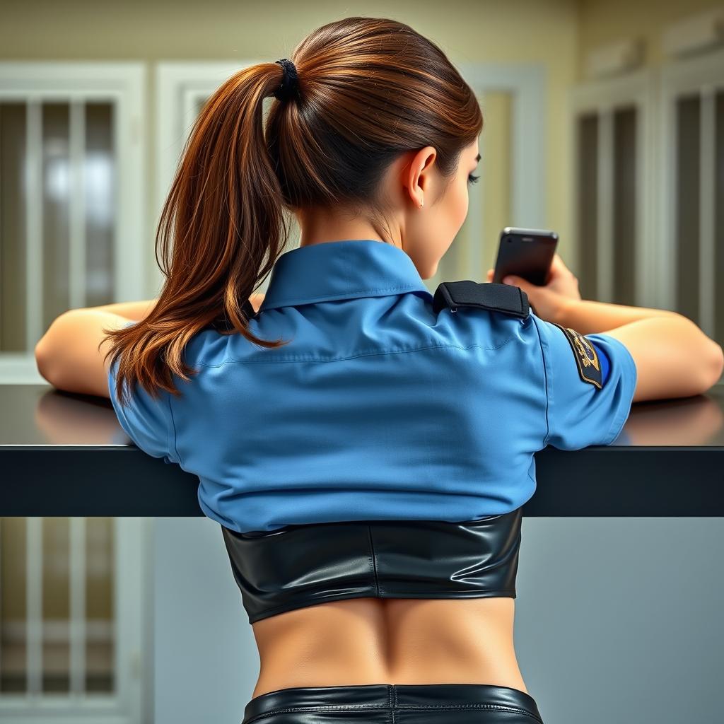 A close-up from behind of a gorgeous police officer with a brunette ponytail, bending over a counter with her elbows resting on it