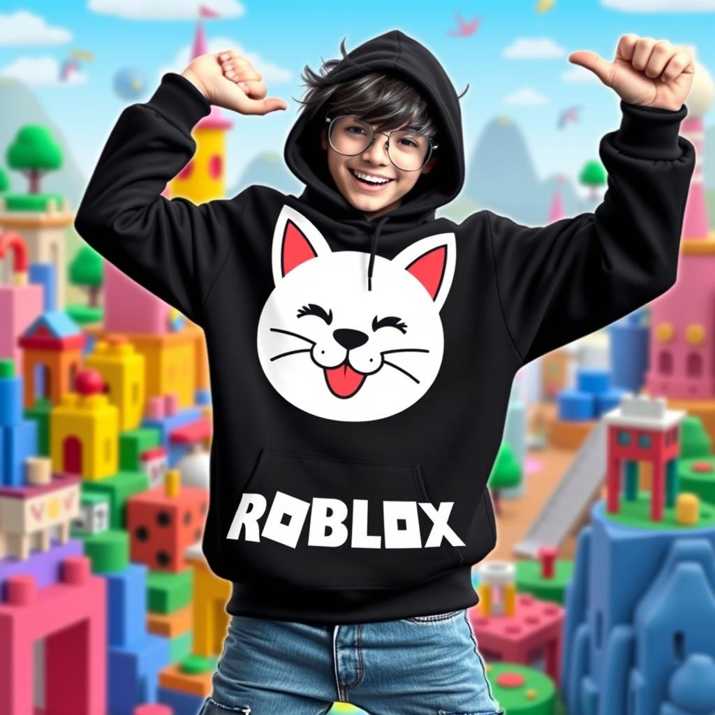 A trendy character wearing a black Roblox hoodie prominently featuring a white cat head design