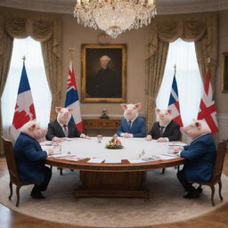 Stately pigs dressed in formal diplomat attire, engaged in serious discussion around a round table decorated with international flags