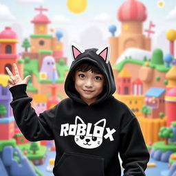 A trendy character wearing a black Roblox hoodie prominently featuring a white cat head design