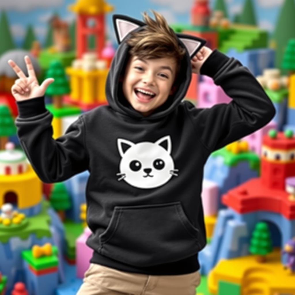 A trendy character wearing a black Roblox hoodie prominently featuring a white cat head design