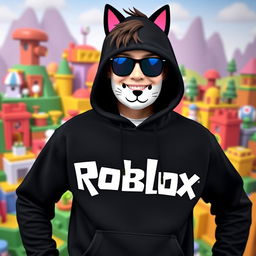 A trendy character wearing a black Roblox hoodie prominently featuring a white cat head design