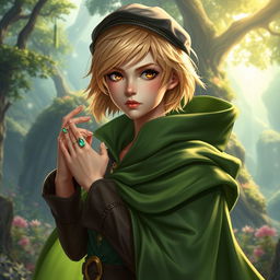 A 25-year-old human mage with short blonde hair and striking brown eyes, wearing a whimsical green cape that flows elegantly behind