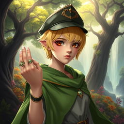 A 25-year-old human mage with short blonde hair and striking brown eyes, wearing a whimsical green cape that flows elegantly behind