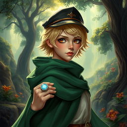 A 25-year-old human mage with short blonde hair and striking brown eyes, wearing a whimsical green cape that flows elegantly behind