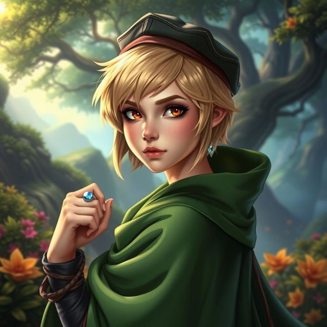 A 25-year-old human mage with short blonde hair and striking brown eyes, wearing a whimsical green cape that flows elegantly behind