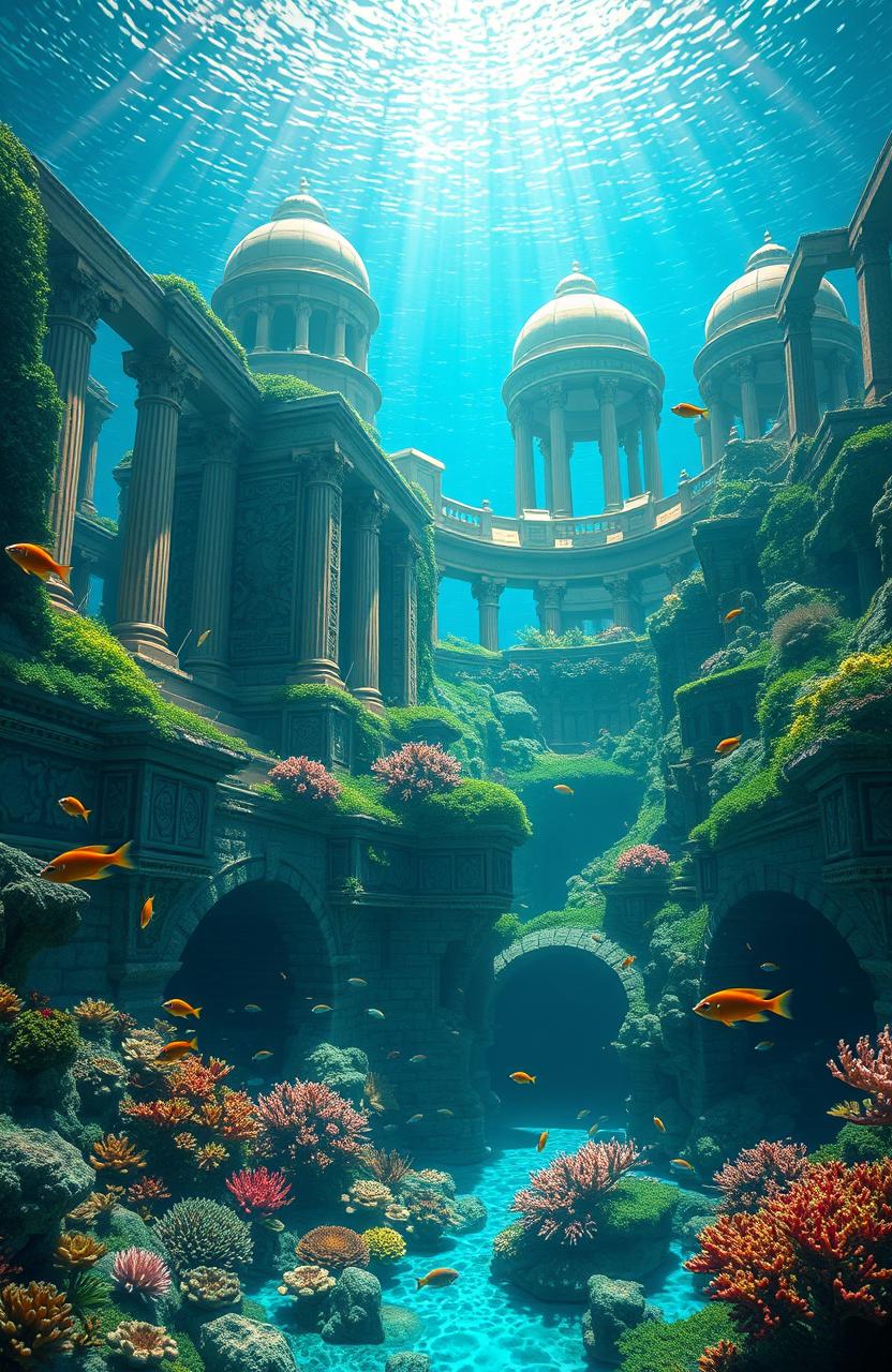 An artist's interpretation of the mythical city of Atlantis, submerged beneath crystal-clear blue water