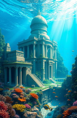 An artist's interpretation of the mythical city of Atlantis, submerged beneath crystal-clear blue water