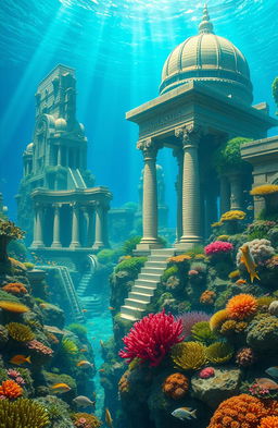 An artist's interpretation of the mythical city of Atlantis, submerged beneath crystal-clear blue water