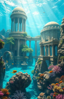 An artist's interpretation of the mythical city of Atlantis, submerged beneath crystal-clear blue water