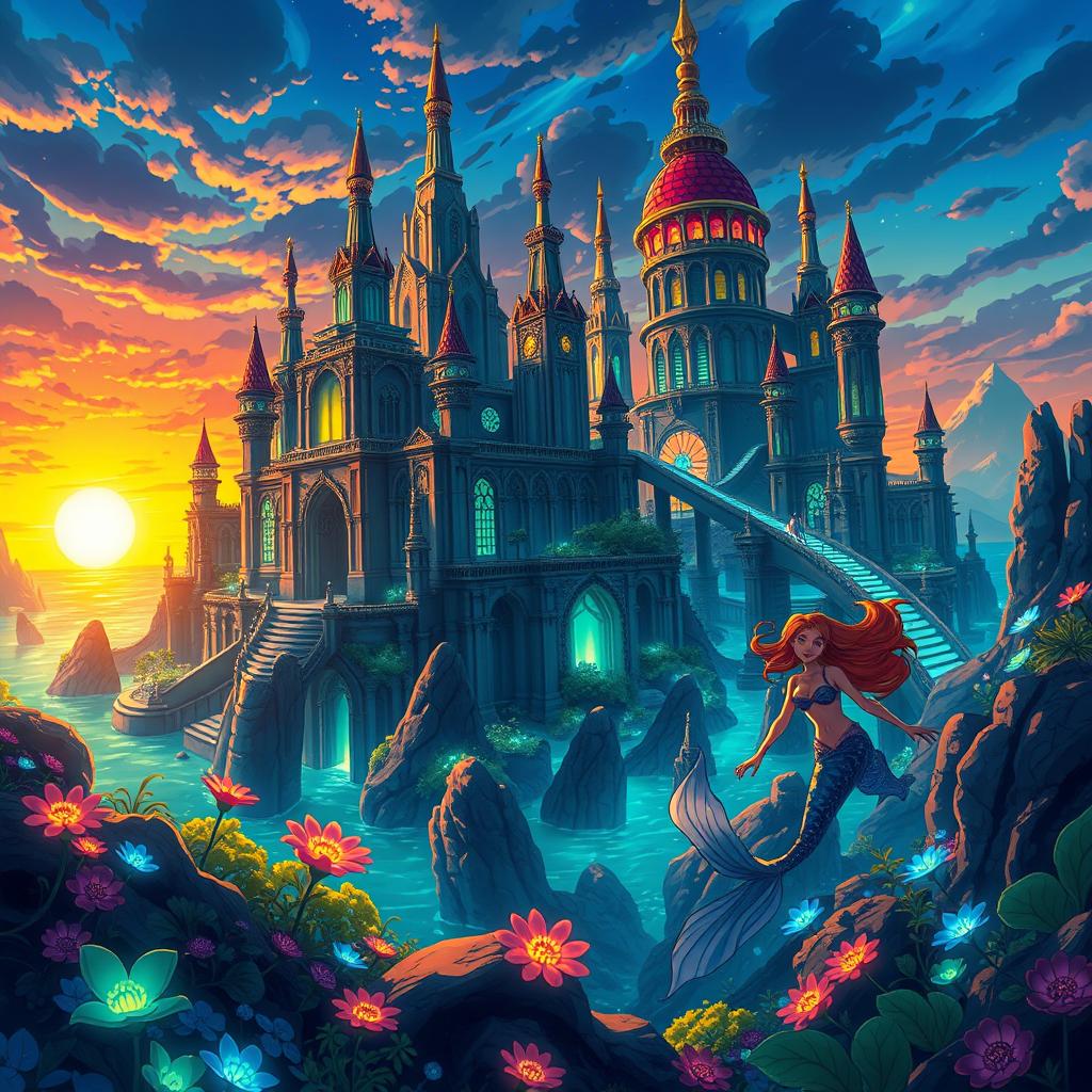 Anime-style depiction of the mythical city of Atlantis, with vibrant colors and dynamic character design