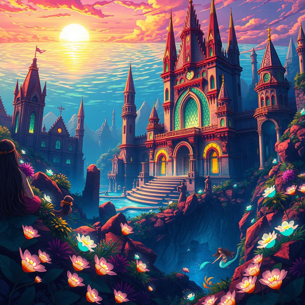 Anime-style depiction of the mythical city of Atlantis, with vibrant colors and dynamic character design