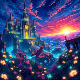 Anime-style depiction of the mythical city of Atlantis, with vibrant colors and dynamic character design