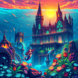 Anime-style depiction of the mythical city of Atlantis, with vibrant colors and dynamic character design