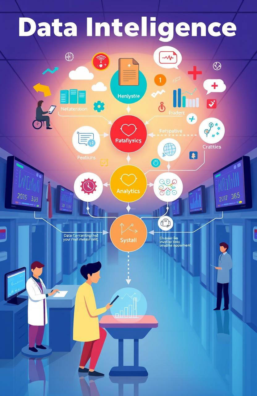 A conceptual illustration depicting the journey of data intelligence in healthcare management