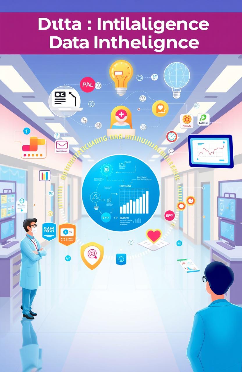 A conceptual illustration depicting the journey of data intelligence in healthcare management