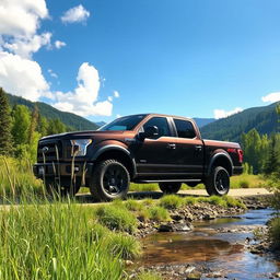 A rugged and powerful pickup truck parked on a dirt road surrounded by lush green forests and mountains in the background