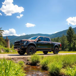 A rugged and powerful pickup truck parked on a dirt road surrounded by lush green forests and mountains in the background