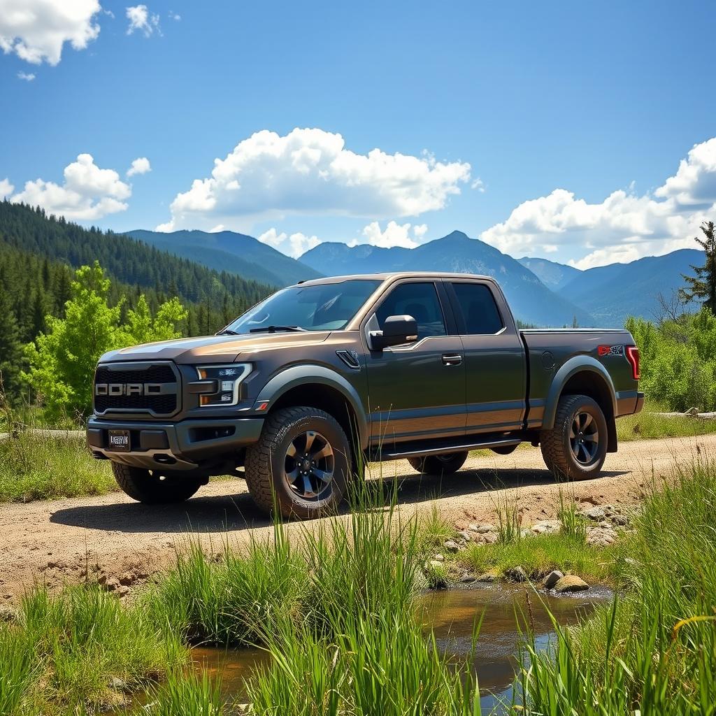 A rugged and powerful pickup truck parked on a dirt road surrounded by lush green forests and mountains in the background