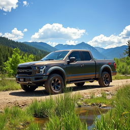 A rugged and powerful pickup truck parked on a dirt road surrounded by lush green forests and mountains in the background