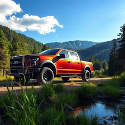 A rugged and powerful pickup truck parked on a dirt road surrounded by lush green forests and mountains in the background