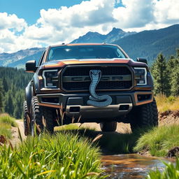 A rugged and powerful pickup truck with a striking serpent emblem prominently displayed on the front grille