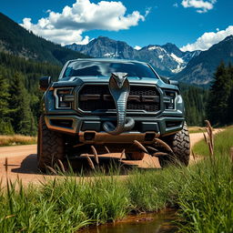 A rugged and powerful pickup truck with a striking serpent emblem prominently displayed on the front grille