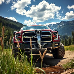 A rugged and powerful pickup truck with a striking serpent emblem prominently displayed on the front grille