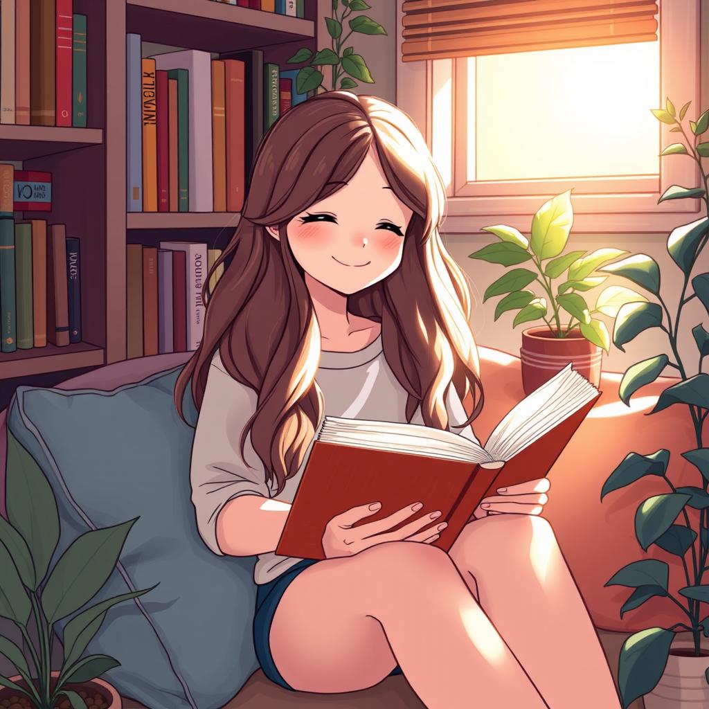 A girl with long wavy hair sitting comfortably in a cozy reading nook, holding an open book in her hands