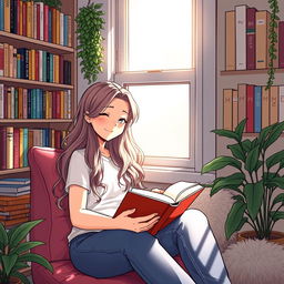 A girl with long wavy hair sitting comfortably in a cozy reading nook, holding an open book in her hands