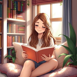 A girl with long wavy hair sitting comfortably in a cozy reading nook, holding an open book in her hands