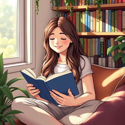 A girl with long wavy hair sitting comfortably in a cozy reading nook, holding an open book in her hands