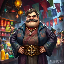 In a vibrant Dungeons & Dragons fantasy setting, a plump merchant stands confidently in front of his colorful market stall filled with various exotic goods and treasures