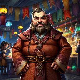 In a vibrant Dungeons & Dragons fantasy setting, a plump merchant stands confidently in front of his colorful market stall filled with various exotic goods and treasures