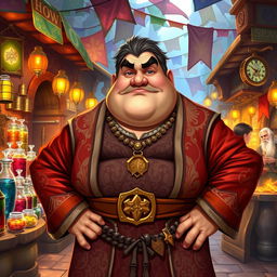 In a vibrant Dungeons & Dragons fantasy setting, a plump merchant stands confidently in front of his colorful market stall filled with various exotic goods and treasures