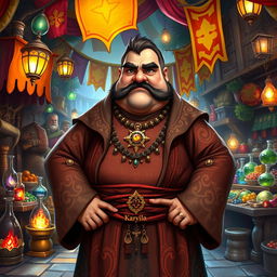 In a vibrant Dungeons & Dragons fantasy setting, a plump merchant stands confidently in front of his colorful market stall filled with various exotic goods and treasures