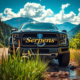 A rugged and powerful pickup truck with a striking serpent emblem prominently displayed on the front grille, alongside the name 'Serpens' stylishly integrated into the design