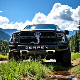 A rugged and powerful pickup truck with a striking serpent emblem prominently displayed on the front grille, alongside the name 'Serpens' stylishly integrated into the design