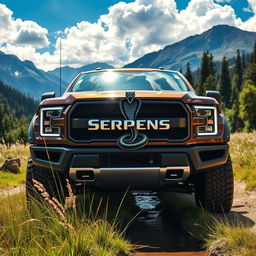 A rugged and powerful pickup truck with a striking serpent emblem prominently displayed on the front grille, alongside the name 'Serpens' stylishly integrated into the design