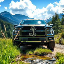 A rugged and powerful pickup truck with a striking serpent emblem prominently displayed on the front grille, alongside the name 'Serpens' stylishly integrated into the design