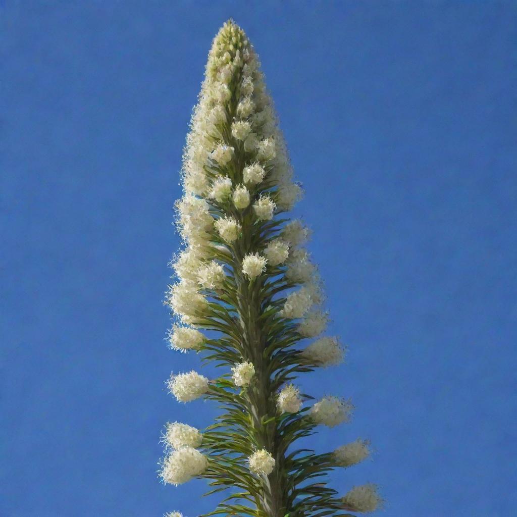 An image of the world's tallest flower, the towering Puya raimondii. Its elongated flower spike stands proudly, its intricate cluster of countless small white flowers reaching towards the sky in an exemplary show of nature's magnificence.