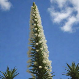 An image of the world's tallest flower, the towering Puya raimondii. Its elongated flower spike stands proudly, its intricate cluster of countless small white flowers reaching towards the sky in an exemplary show of nature's magnificence.