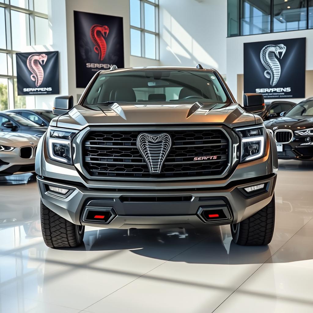 A sleek and powerful pickup truck named 'Serpens,' proudly displayed inside a modern car dealership