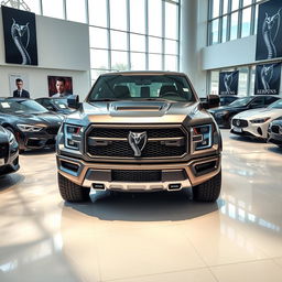 A sleek and powerful pickup truck named 'Serpens,' proudly displayed inside a modern car dealership