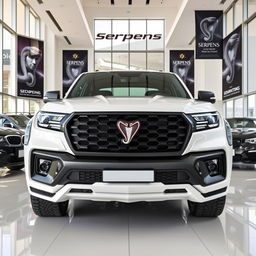 A sleek and powerful pickup truck named 'Serpens,' proudly displayed inside a modern car dealership