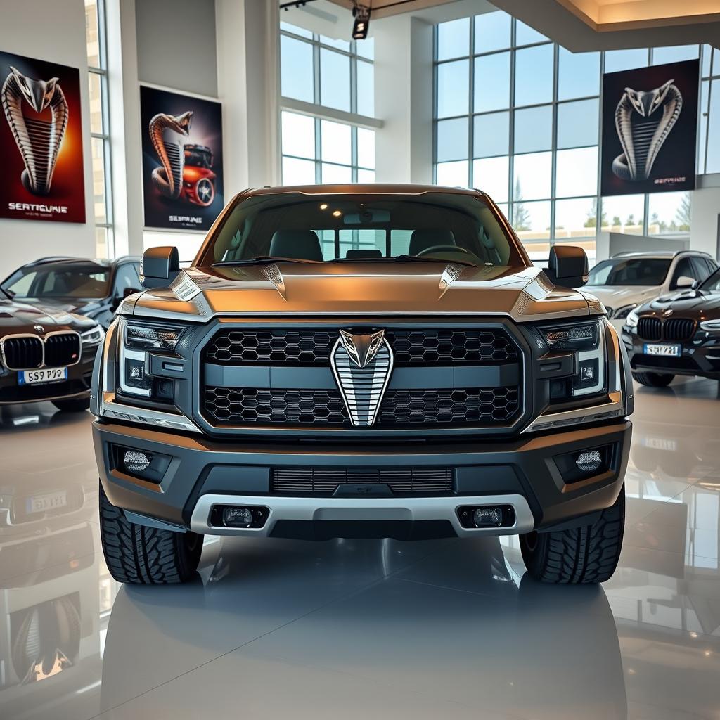 A sleek and powerful pickup truck named 'Serpens,' proudly displayed inside a modern car dealership