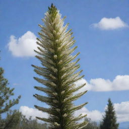 An image of the world's tallest flower, the towering Puya raimondii. Its elongated flower spike stands proudly, its intricate cluster of countless small white flowers reaching towards the sky in an exemplary show of nature's magnificence.